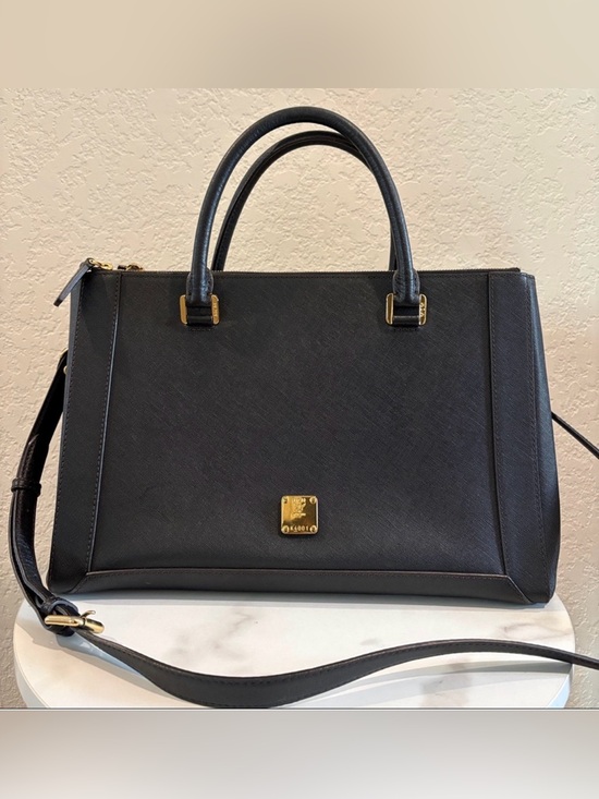 MCM Handbags - MCM Black Saffiano / Crosshatched Leather Double-Zip Structured Satchel Like New